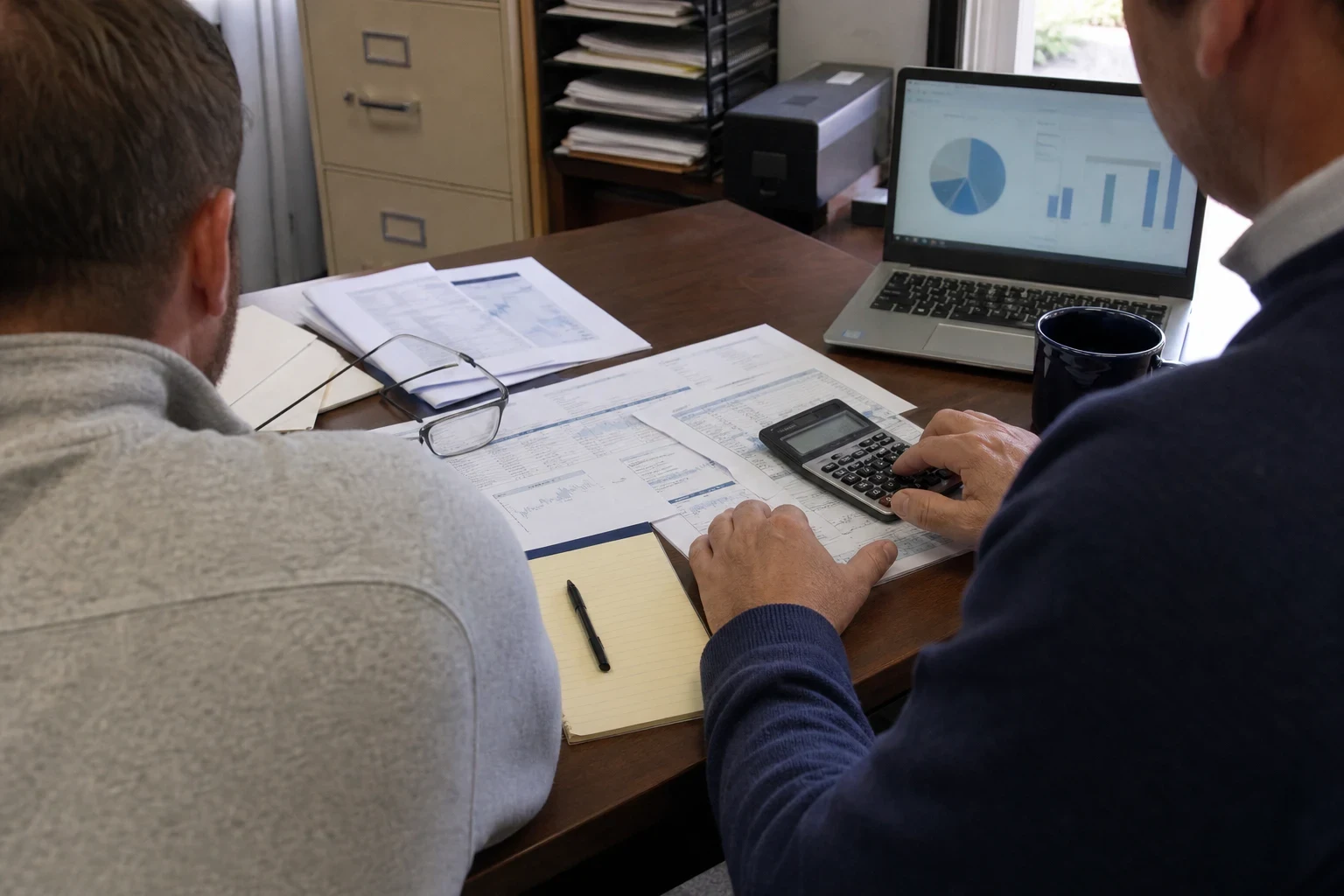 Over-the-shoulder view of two men at an office desk reviewing printed statements, one using a calculator beside a notepad, glasses, laptop and filing cabinet