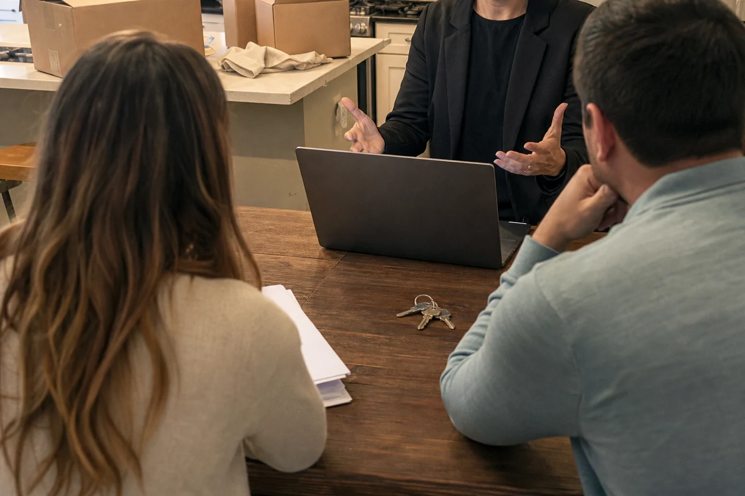 Agent in a dark blazer gestures behind an open laptop at a wooden kitchen table while a couple listens, house keys on the table and moving boxes on the counter behind