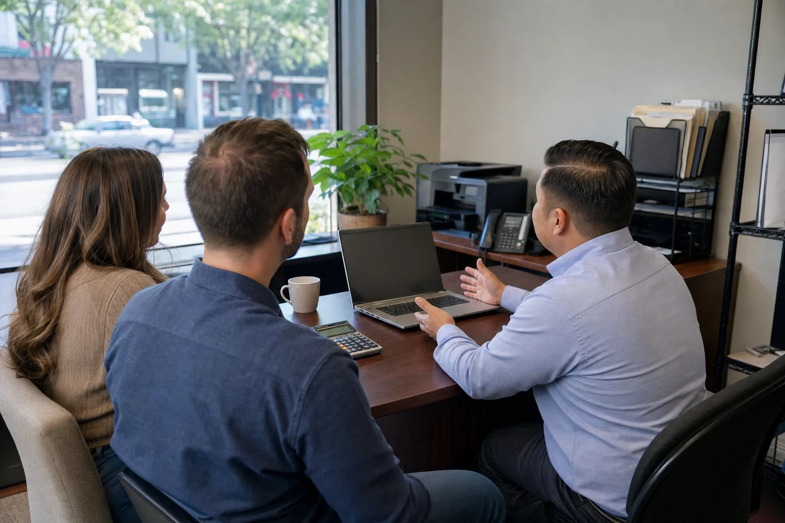 Insurance agent in a light blue button-down gestures beside a laptop while talking with a couple at a wooden desk near a street-facing window with a potted plant