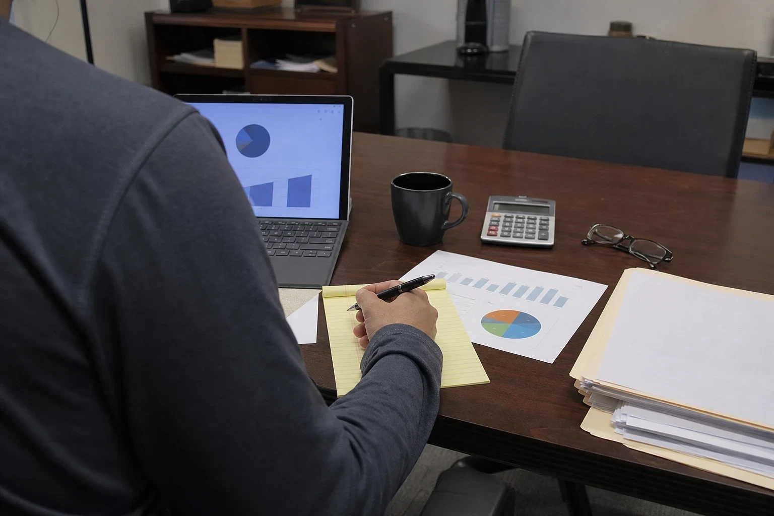 Person writing on a yellow legal pad at an office desk with a laptop showing charts, printed graphs, a calculator, coffee mug, glasses and file folders